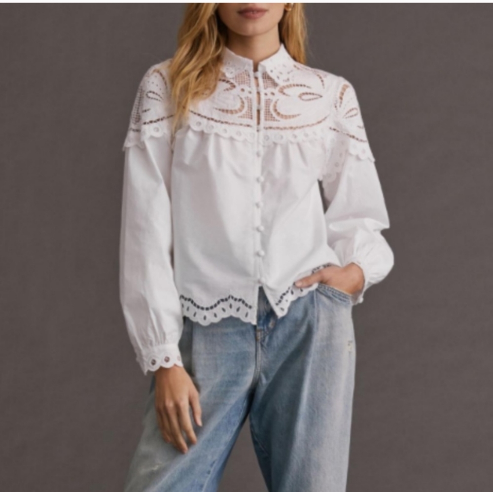 ANTHROPOLOGIE Embroidered Lace Eyelet Button-down White Blouse Top Small